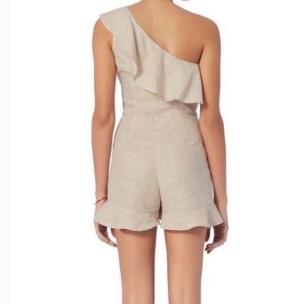 INTERMIX Linen Blended Pinstriped Beige/Cream, One Shoulder Ruffle Romper, Small - Picture 5 of 16